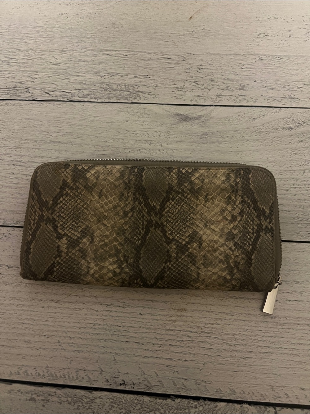 Snake Print Zip-Around Wallet in Gray/Brown
